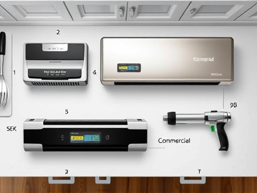 A detailed top-down view of various vacuum sealer types—compact home, robust commercial, and sleek handheld—arranged on a clean kitchen counter, highlighting their distinct designs and sizes, with a focus on ease of use. SEO: vacuum sealer types, home vacuum sealer, commercial vacuum sealer, handheld vacuum sealer.