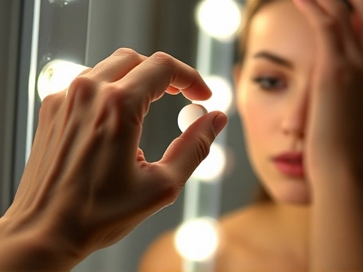 Close-up of a hand adjusting a dimmer switch on a vanity mirror, showing the subtle change in light color temperature from warm to cool, with clear details of the LED bulbs and soft, even illumination on the face. vanity light, color temperature, dimmer, makeup, illumination.