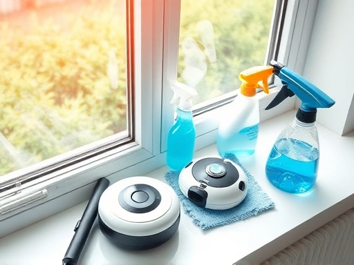 A detailed flat lay shot showcasing various window cleaning tools including a squeegee, microfiber cloths, spray bottles, and a small robotic cleaner on a clean windowsill with bright sunlight. Focus on cleanliness and modern tools for efficient window cleaning. 