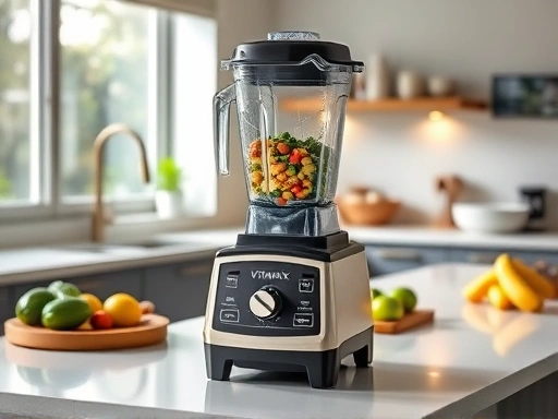A sleek, modern kitchen counter with a high-performance Vitamix blender actively blending ingredients, showing motion blur, healthy food preparation, and premium kitchen appliance feel with natural light. Focus on blending action and kitchen environment with high-end blender as focal point.