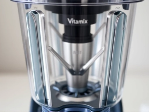 Close-up view of the robust stainless steel blades and durable container of a Vitamix blender, illustrating its heavy-duty construction and precision engineering. Detail on components that contribute to its high performance and longevity, clean and professional look.