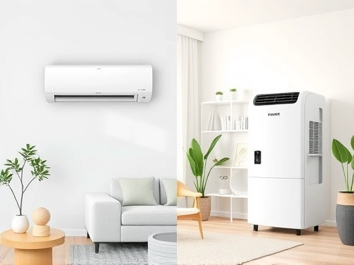 A split image showing a sleek white wall-mounted air conditioner on one side and a modern stand-type air conditioner on the other, both in contemporary living spaces, emphasizing the differences in design and placement. Clean, bright, and illustrative.