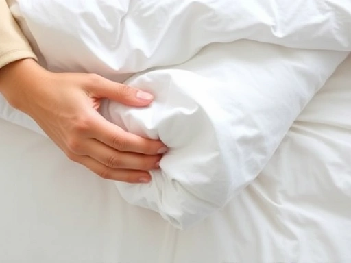 Close-up of hands gently folding a soft, clean duvet cover, with labels indicating 