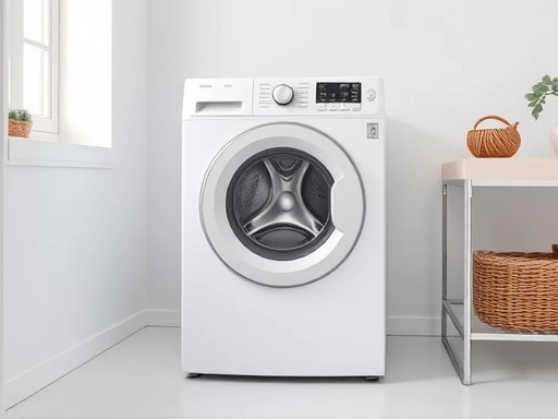 A modern, sleek washing machine in a bright, clean laundry room, illustrating efficiency and smart living for a family, with focus on capacity.