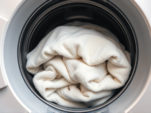 Close-up of laundry piled inside a large washing machine drum, specifically showing a thick blanket or duvet, to emphasize washing machine capacity and convenience.