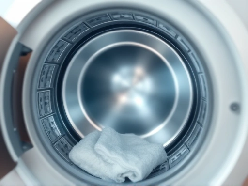 A clean, sparkling washing machine drum with a subtle glow, reflecting a sense of freshness and hygiene, featuring cleaning tools and a light, airy background. Focus on machine interior and cleanliness.