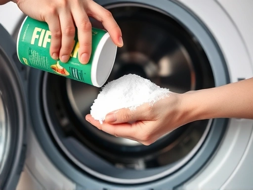 Close-up of hands pouring washing machine cleaner powder into a washing machine drum, showing the cleaning process and attention to detail.