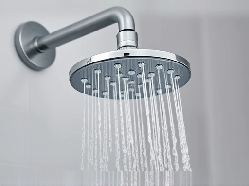 A modern, sleek water-saving shower head delivering gentle yet effective water flow, with subtle light reflections, symbolizing water efficiency and modern home technology.