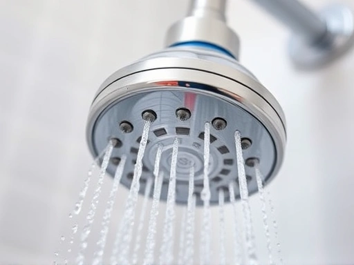 A close-up shot of a water-saving shower head's nozzle, showing fine water droplets mixed with air, emphasizing the aeration technology and water conservation, in a bright bathroom setting.
