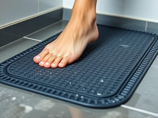 A close-up shot of a wet bathroom floor with a person's foot about to step on a high-friction, non-slip bathroom mat, emphasizing safety and texture, with water droplets visible on the mat's surface to convey its effectiveness.