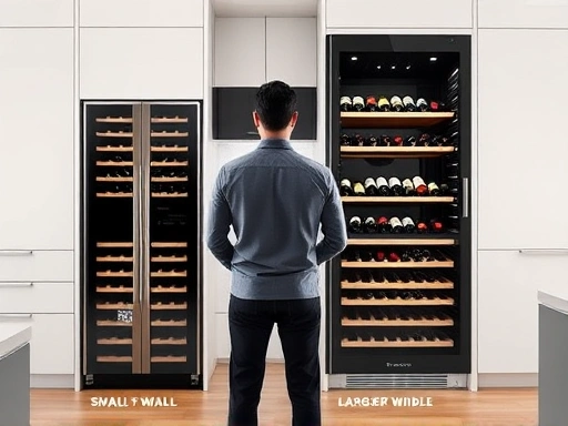 A person standing in a modern kitchen, looking at a sleek small wine cellar and a larger, built-in wine cellar, with bottles of wine visible inside, highlighting the size difference and elegance. Focus on a clean, upscale aesthetic.