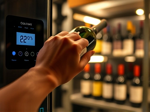 Close-up of a hand reaching for a bottle of wine inside a well-lit wine cellar, showing temperature display and humidity control panel, with a blurred background of various wine bottles.