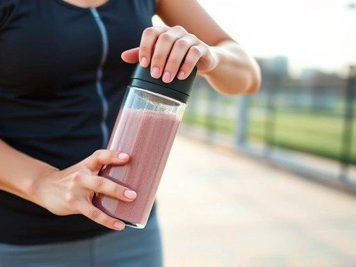 A dynamic action shot of a person using a compact wireless portable blender outdoors, perhaps at a gym or park, making a protein shake. Emphasize the portability and ease of use, with a clear view of the person's hand holding the blender. Keywords: portable blender, wireless, on-the-go, protein shake, fitness.