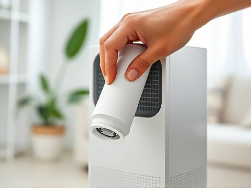 A close-up shot of a hand replacing a filter in a sleek, modern Xiaomi air purifier in a bright, clean living room setting. The filter is white and cylindrical, with clear markings. Focus on the action of replacement and the purifier's design, including some greenery in the background for a fresh feel. Filter replacement, Xiaomi air purifier.