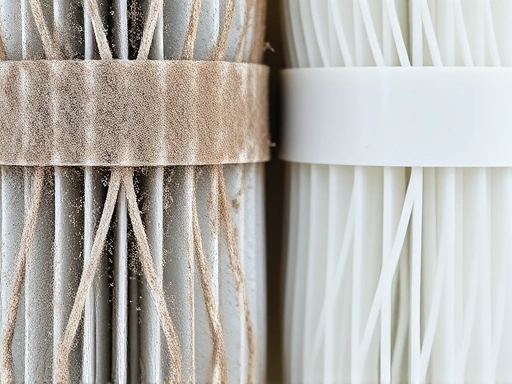 A detailed, close-up image of a used, dirty cylindrical air purifier filter next to a new, pristine white filter. The texture and color difference should be very apparent. Show dust accumulation on the old filter and the clean surface of the new one, highlighting the importance of filter replacement for air purifier effectiveness. Air purifier filter, dirty filter, clean filter.