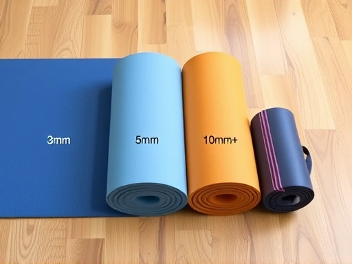 A detailed flat lay shot showing different yoga mat thicknesses (3mm, 5mm, 8mm, 10mm+) side-by-side on a wooden floor, with small labels for each thickness, emphasizing cushion and portability. Clean, bright studio lighting.