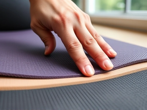 A close-up shot of a hand pressing down on two different yoga mat thicknesses, clearly showing the difference in compression and cushion. Focus on the texture and elasticity of the yoga mat material. Indoor, natural light.