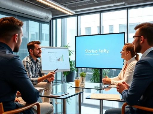A focused startup team passionately presenting their pitch deck to a panel of investors and mentors in a modern, well-lit accelerator program office, showcasing collaboration and innovation.