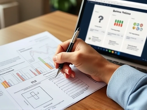 A close-up of hands writing on a business plan document with diagrams and notes, next to a laptop displaying a polished investor relations (IR) pitch deck, emphasizing meticulous preparation.