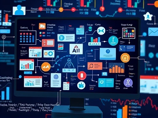 A detailed illustration of AI algorithms analyzing diverse customer data on a screen, with connections leading to personalized content and product recommendations. Focus on data flow and smart technology. 