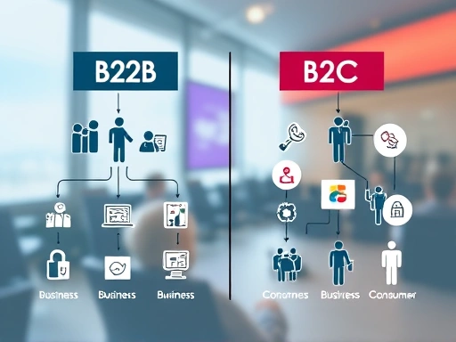 A clear visual illustrating the distinct differences between B2B and B2C business models, showing flow from business to business and business to consumer with relevant icons and a subtle background of market dynamics.