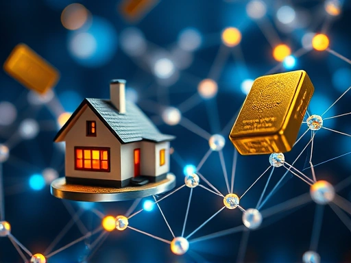 A detailed close-up of digital tokens representing various real-world assets (a tiny house, an art piece, a gold bar) floating within a transparent, glowing blockchain network, emphasizing asset tokenization and future decentralized finance.