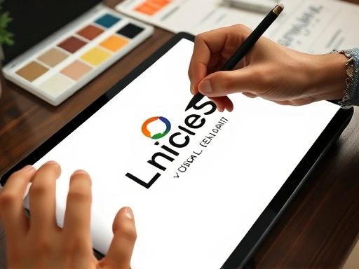 Close-up of a hand drawing a simple yet elegant logo concept on a tablet, with a color palette and typography samples on the desk, emphasizing the creative and detailed process of brand visual identity development.