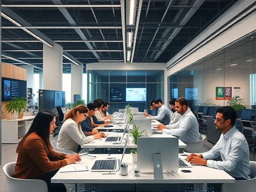 A wide shot of a modern, clean office environment where diverse employees are working efficiently, surrounded by subtle digital interfaces and data streams representing streamlined business automation. The scene should convey productivity and advanced technology subtly, with a professional and optimistic aesthetic.