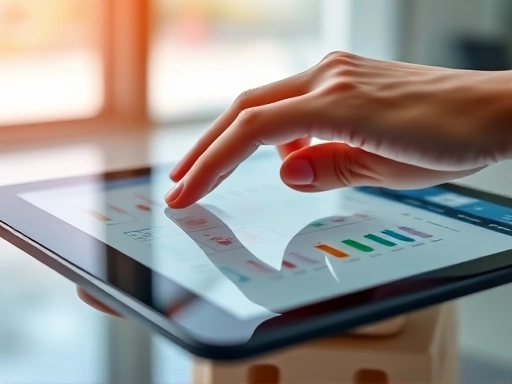 A close-up shot of a hand interacting with a sleek tablet or computer screen, displaying a user-friendly interface of an automation tool. Focus on the crisp display and the detailed design of the software, emphasizing simplicity, precision, and the ease of managing automated workflows.