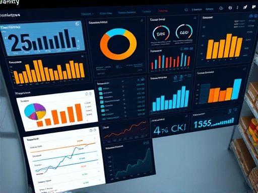 A high-angle shot of a digital dashboard displaying various inventory management metrics, charts, and real-time stock levels, symbolizing efficient business operations with an inventory management system. SEO keywords: inventory management system, digital dashboard, real-time stock, business efficiency.