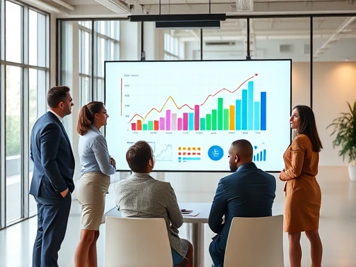 A diverse team of professionals in a modern office, collaborating on a large screen displaying growth charts and strategic plans, symbolizing business expansion and data-driven decision-making.