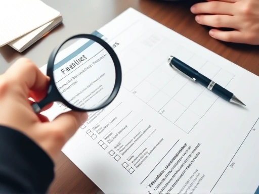 A close-up shot of a hand holding a magnifying glass over a detailed business feasibility checklist on a desk, with a pen and notepad nearby, emphasizing careful review and strategic planning.
