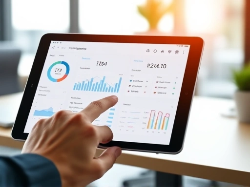 A detailed close-up shot of a hand interacting with a tablet displaying a complex yet intuitive business intelligence dashboard. Focus on the screen's clear data visualization, showing various KPIs, charts, and filtering options. The background is slightly blurred modern office environment.