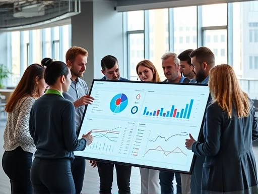 A diverse group of business professionals are gathered around a large interactive dashboard, analyzing charts and graphs. The scene is modern office, showing collaboration and data-driven decision making, with a focus on business intelligence. Dynamic and bright lighting.