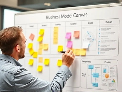 A person in a business casual setting, focused, intensely writing on a large, whiteboard-sized Business Model Canvas, with colorful sticky notes and diagrams, showing concentration and strategic thinking.