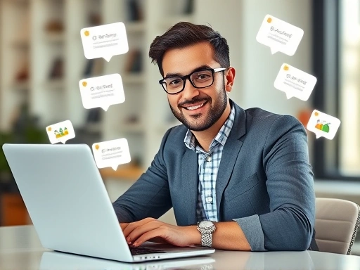 A confident business owner actively managing online customer reviews on a laptop, surrounded by positive feedback icons, showing growth and trust. The scene is bright and professional, emphasizing success and digital presence.