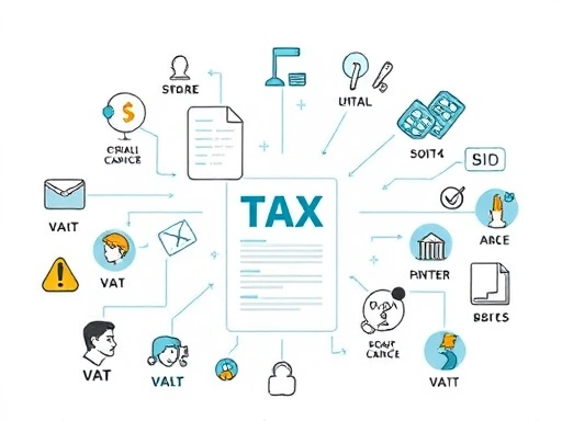 A detailed illustration of various tax types (VAT, income tax, withholding tax) represented by different icons and documents, with a clear and organized layout, symbolizing the initial tax knowledge for a new business owner. Focus on clarity and organization.