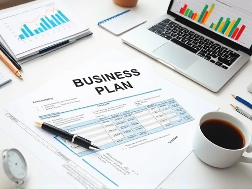 A focused shot of a well-organized business plan document open on a desk, with a pen, a laptop showing financial charts, and a cup of coffee. Emphasize clarity and strategic planning. SEO keywords: business plan template, strategic planning, financial charts.