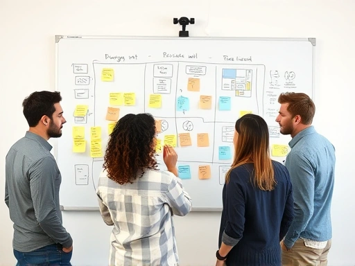 A diverse team collaborating around a whiteboard, mapping out business processes with sticky notes and diagrams, showing clarity and organization, focusing on efficiency.