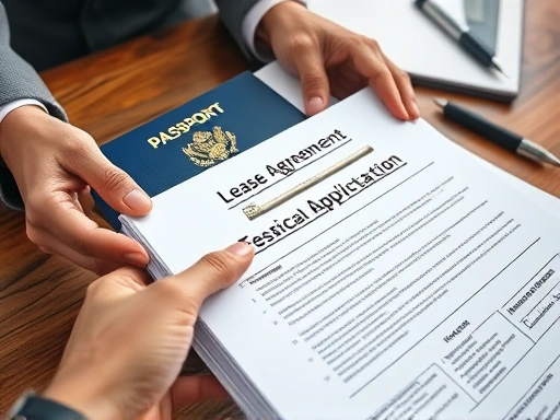 Close-up shot of hands holding a stack of essential documents for business registration, such as a passport, lease agreement, and application form, placed on a wooden desk. Focus on the details of the papers and professional preparation. Keywords: documents, business application, checklist, close-up.