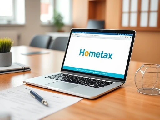 A professional, organized office desk with a laptop displaying the Hometax website, documents, and a pen, symbolizing the business registration process and efficient paperwork, clean and modern. Keywords: business registration, hometax, office, paperwork.