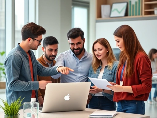 A diverse group of young entrepreneurs collaborating at a modern office, one pointing at a laptop screen, others taking notes, with financial charts subtly displayed, symbolizing startup growth and financial planning.