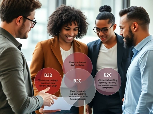 A close-up shot of a diverse business team collaboratively discussing a strategic decision flowchart, highlighting the complexity of business model selection with overlapping circles representing B2B and B2C considerations.