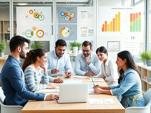 A diverse team of professionals collaboratively working in a modern office, surrounded by strategy diagrams and charts, illustrating innovation and competitive advantage, bright and dynamic scene.