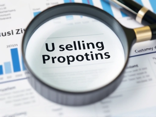 A close-up of a magnifying glass over a business report highlighting unique selling propositions and customer value, symbolizing strategic insight and differentiation.