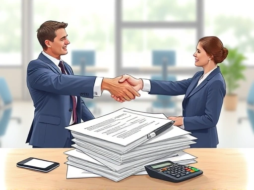 A detailed illustration of two business owners shaking hands over a stack of documents with tax forms and calculators, symbolizing a complex business transfer and acquisition process, with a blurred office background, professional and clear.