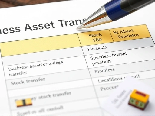 A close-up shot of a pen pointing to a tax form on a comparison table that highlights different tax implications for business asset transfer versus stock transfer, with small icons representing money and legal documents.
