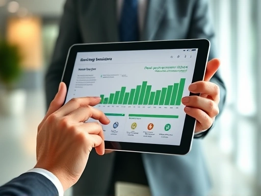 A close-up shot of hands holding a tablet displaying a detailed infographic or chart with data related to greenhouse gas emissions and green taxonomy classifications. The background shows a blurry corporate environment, emphasizing data-driven decision-making in carbon neutral management. Focus on clarity of information. Keywords: environmental data, sustainability metrics, business analytics.