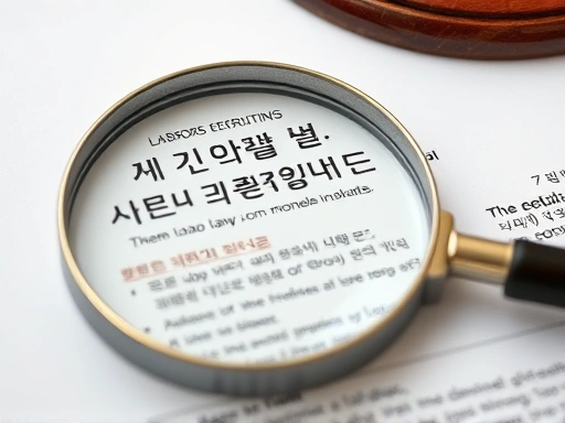 A close-up shot of a magnifying glass over a legal document with Korean text, specifically highlighting sections related to labor law and recruitment procedures, signifying detailed legal review.