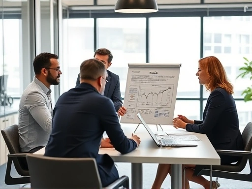 A professional business team collaborating around a table, with charts and legal documents, illustrating the development of a compliance framework in a modern office environment.